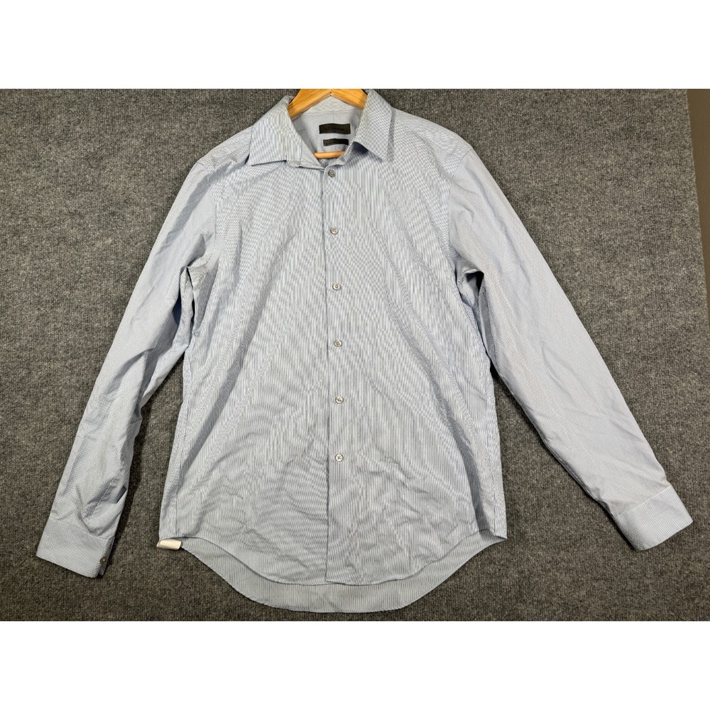 Calvin Klein Dress Shirt Mens 16 Blue Pinstripe Slim Fit Non-Iron Performance